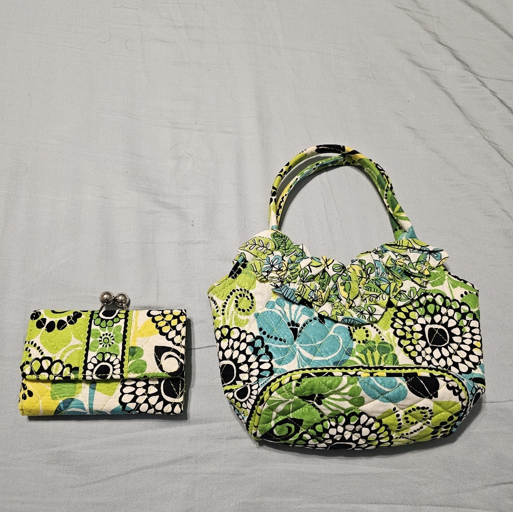 Vera Bradley EUC Limes Up Handbag and Wallet Set